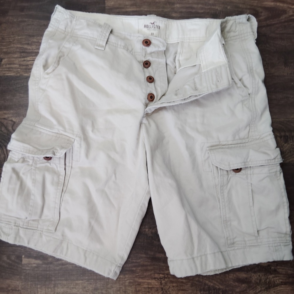 Hollister Mens Cargo Shorts Size 33 Khaki Cotton Twill Distressed Utility